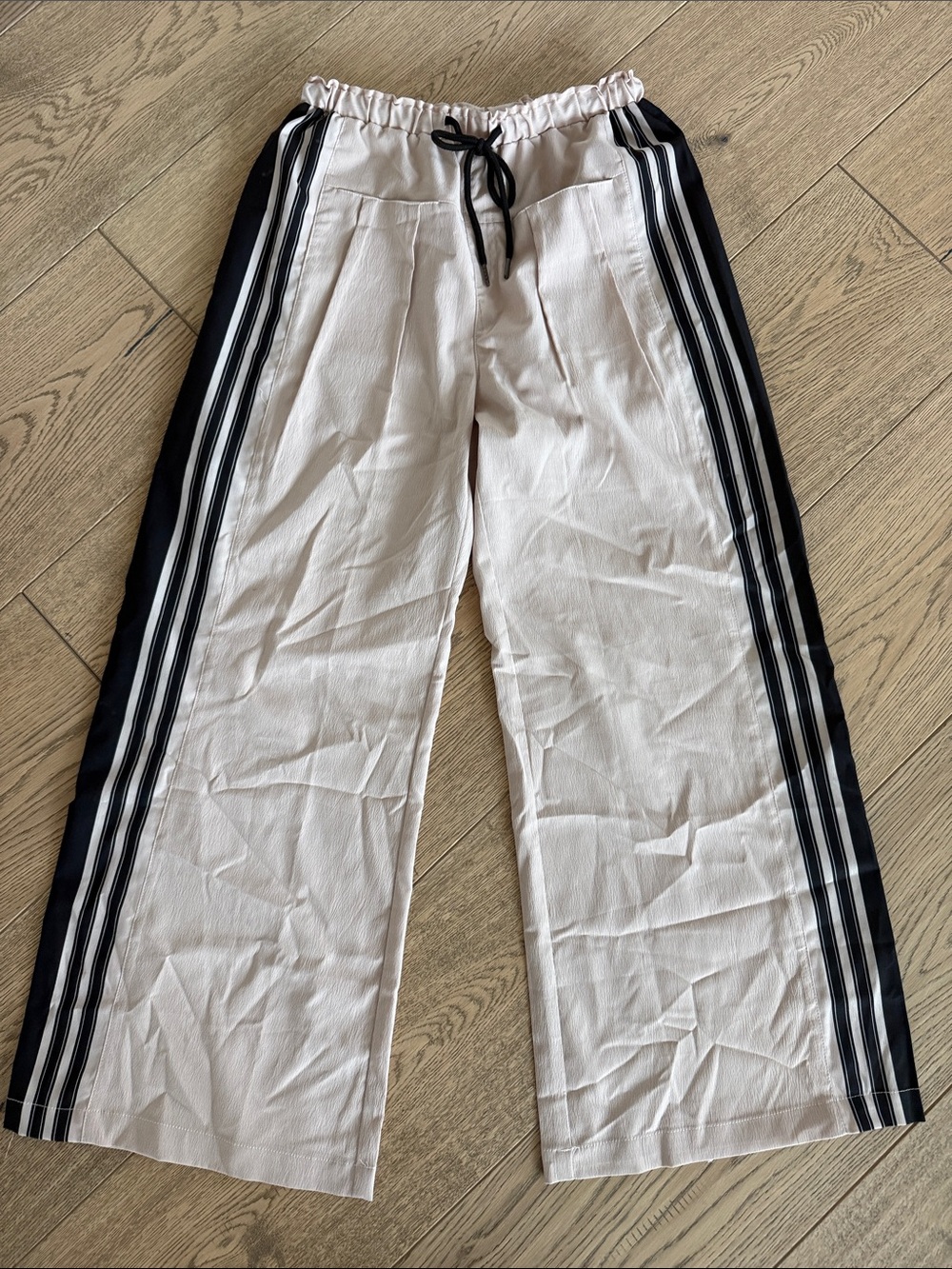 Women’s Light Tan Pull-On Track Pants with Black Side Stripes